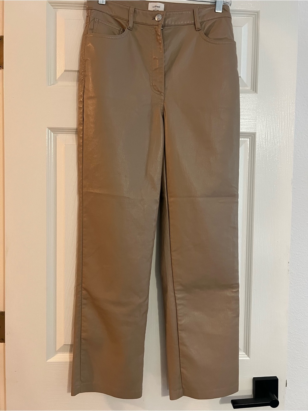 Wilfred Taupe Faux-Leather Pants with Branded Button